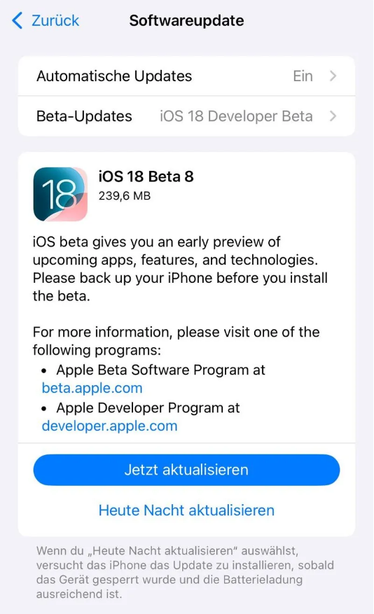 玉树苹果手机维修分享苹果 iOS / iPadOS 18 开发者预览版 Beta 8 发布 